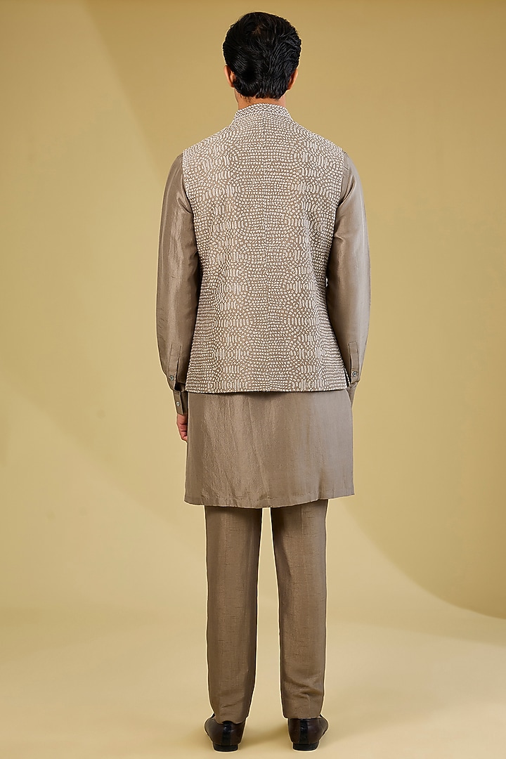 Mocha-Colored Dupion Silk Embroidered Nehru Jacket Set by Rohit Gandhi & Rahul Khanna Men at Pernia's Pop Up Shop
