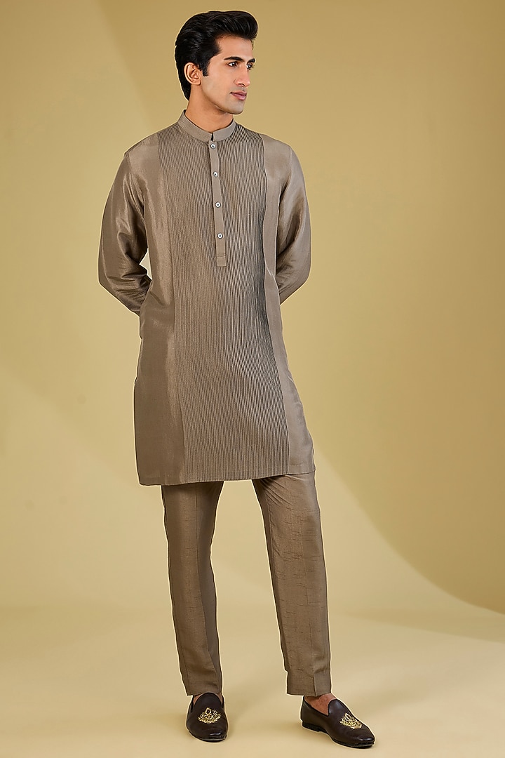 Mocha-Colored Dupion Silk Embroidered Nehru Jacket Set by Rohit Gandhi & Rahul Khanna Men at Pernia's Pop Up Shop