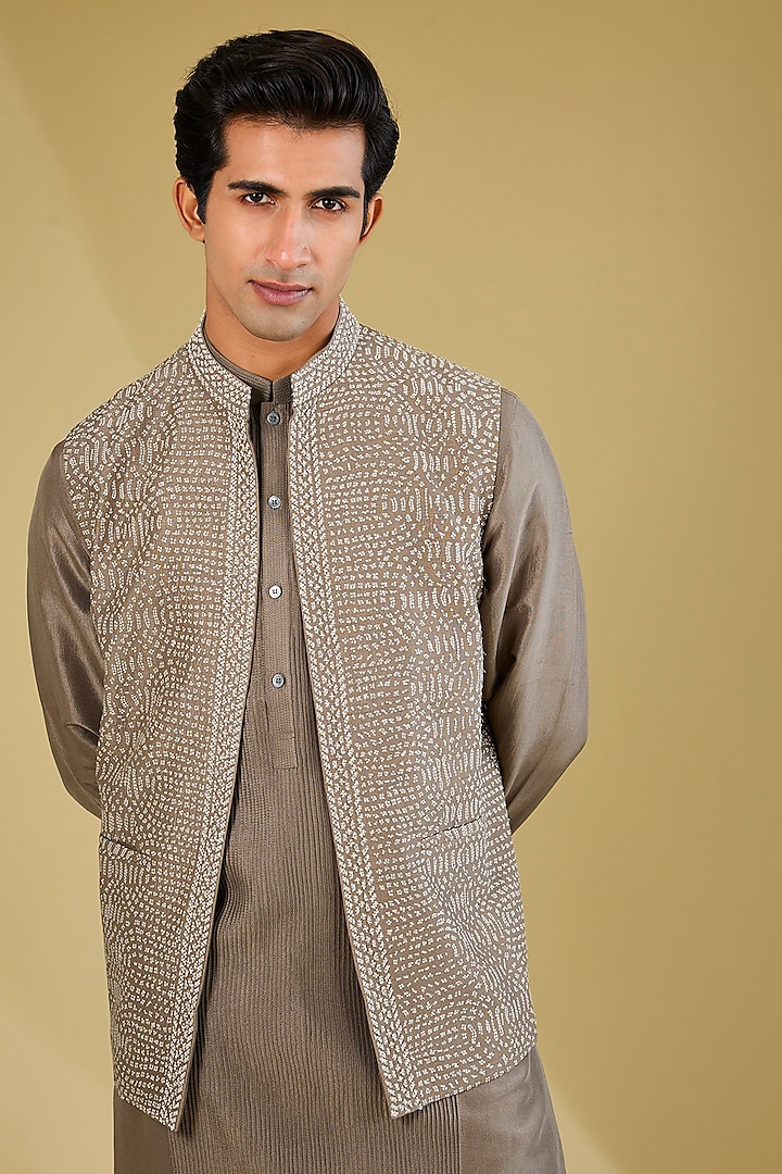 Mocha-Colored Dupion Silk Embroidered Nehru Jacket Set by Rohit Gandhi & Rahul Khanna Men at Pernia's Pop Up Shop