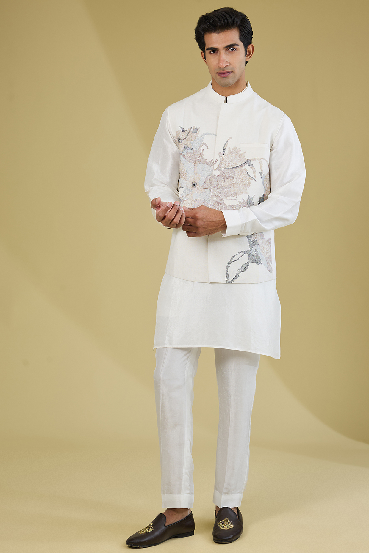 White Matka Silk Floral Embroidered Nehru Jacket Set by Rohit Gandhi & Rahul Khanna Men