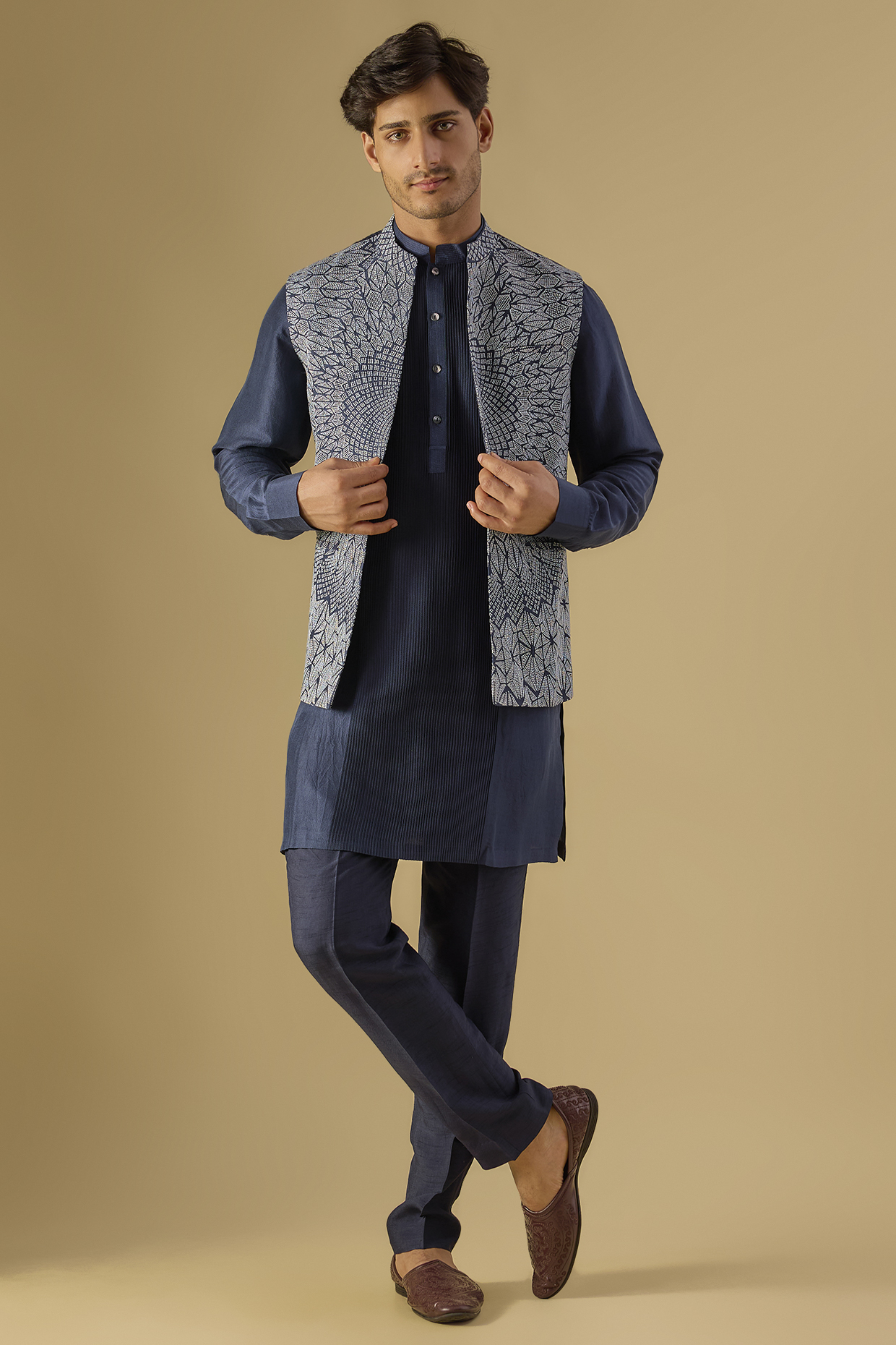 Midnight Navy Silk Embroidered Bundi Jacket Set by Rohit Gandhi & Rahul Khanna Men