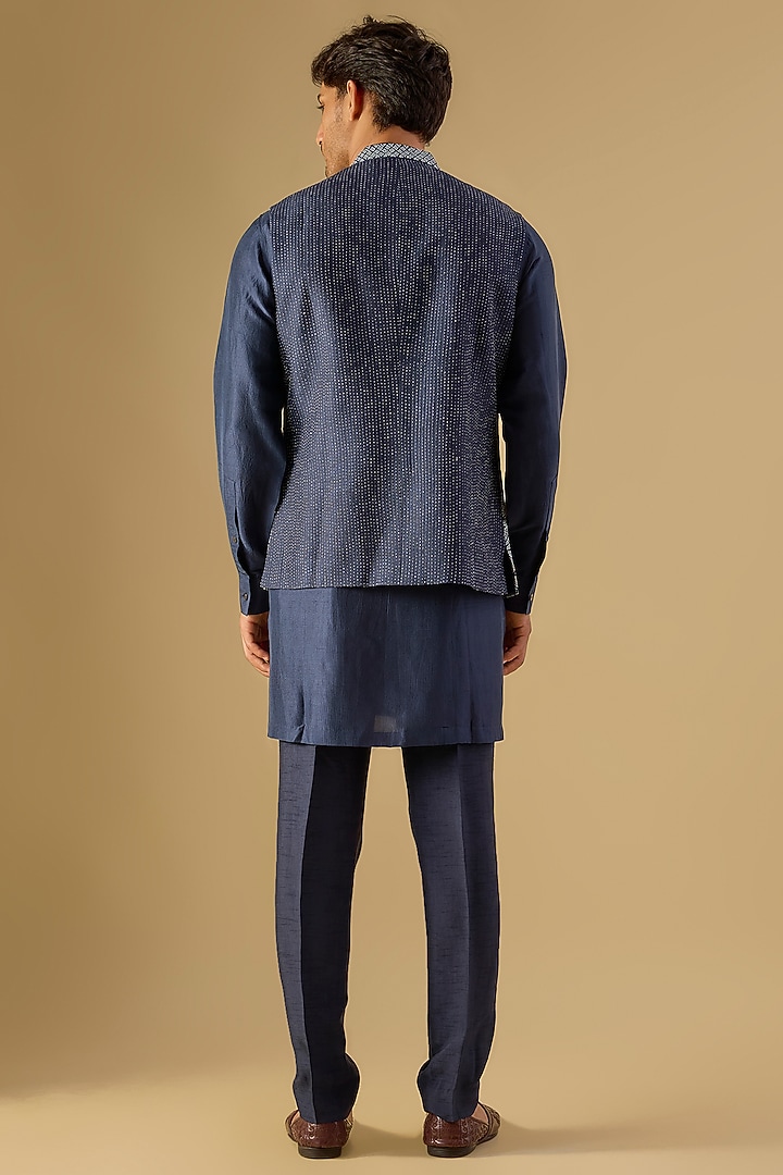 Midnight Navy Silk Embroidered Nehru Jacket Set by Rohit Gandhi & Rahul Khanna Men at Pernia's Pop Up Shop