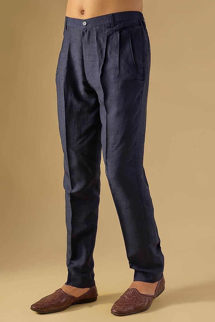Midnight Navy Silk Embroidered Nehru Jacket Set by Rohit Gandhi & Rahul Khanna Men at Pernia's Pop Up Shop