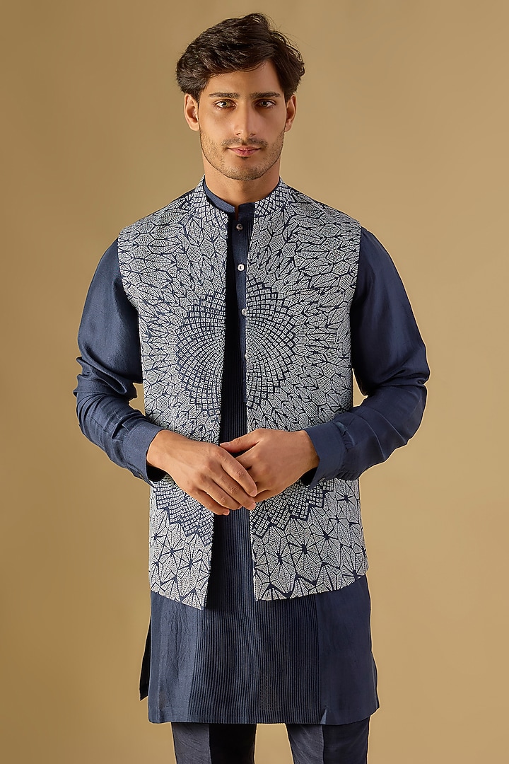 Midnight Navy Silk Embroidered Nehru Jacket Set by Rohit Gandhi & Rahul Khanna Men at Pernia's Pop Up Shop