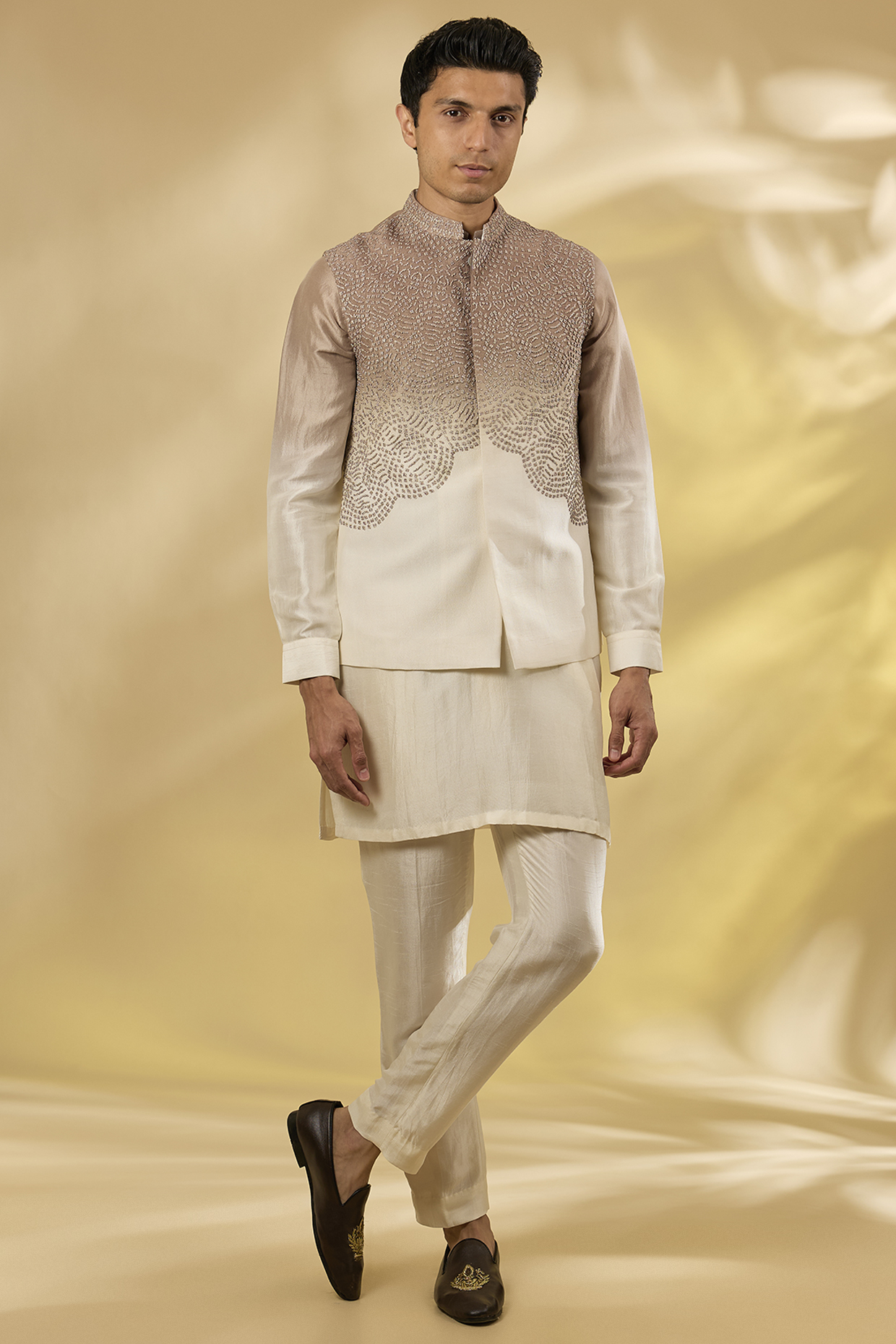 Granati Shell Raw Silk Hand Embellished Bundi Set by Rohit Gandhi & Rahul Khanna Men