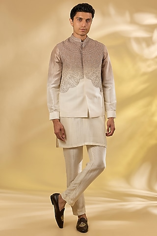 Granati Shell Raw Silk Hand Embellished Bundi Set by Rohit Gandhi & Rahul Khanna Men