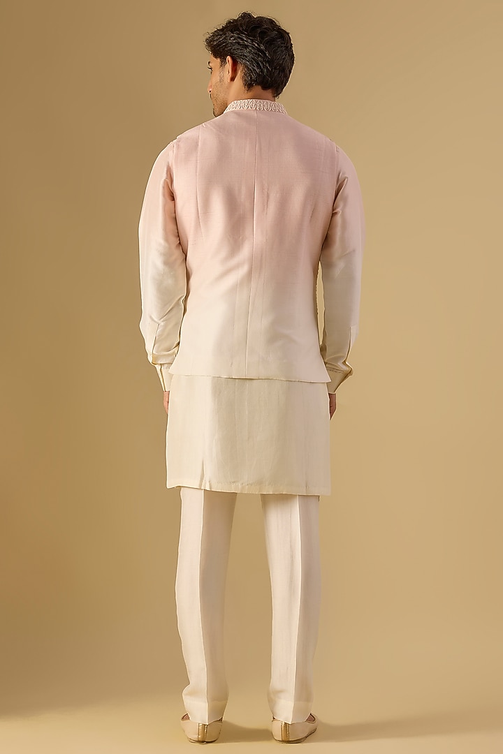 Periwinkle White Silk Embroidered Nehru Jacket Set by Rohit Gandhi & Rahul Khanna Men at Pernia's Pop Up Shop