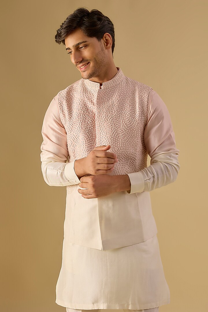 Periwinkle White Silk Embroidered Nehru Jacket Set by Rohit Gandhi & Rahul Khanna Men at Pernia's Pop Up Shop