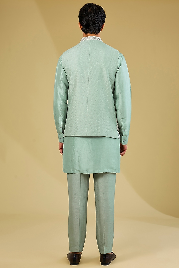 Lily Green Dupion Silk Embroidered Nehru Jacket Set by Rohit Gandhi & Rahul Khanna Men at Pernia's Pop Up Shop