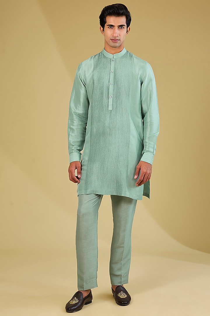 Lily Green Dupion Silk Embroidered Nehru Jacket Set by Rohit Gandhi & Rahul Khanna Men at Pernia's Pop Up Shop
