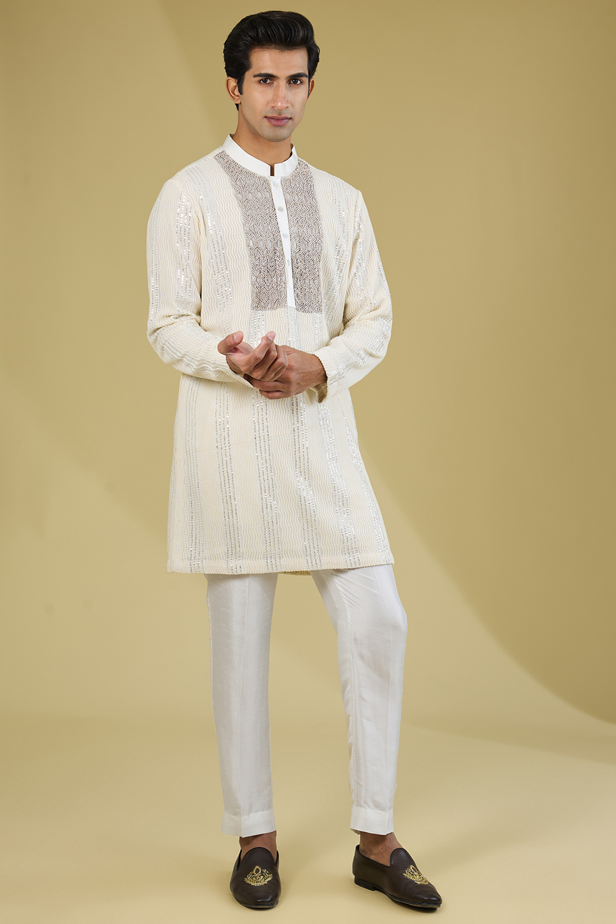 Ivory Cotton Embroidered Kurta Set by Rohit Gandhi & Rahul Khanna Men