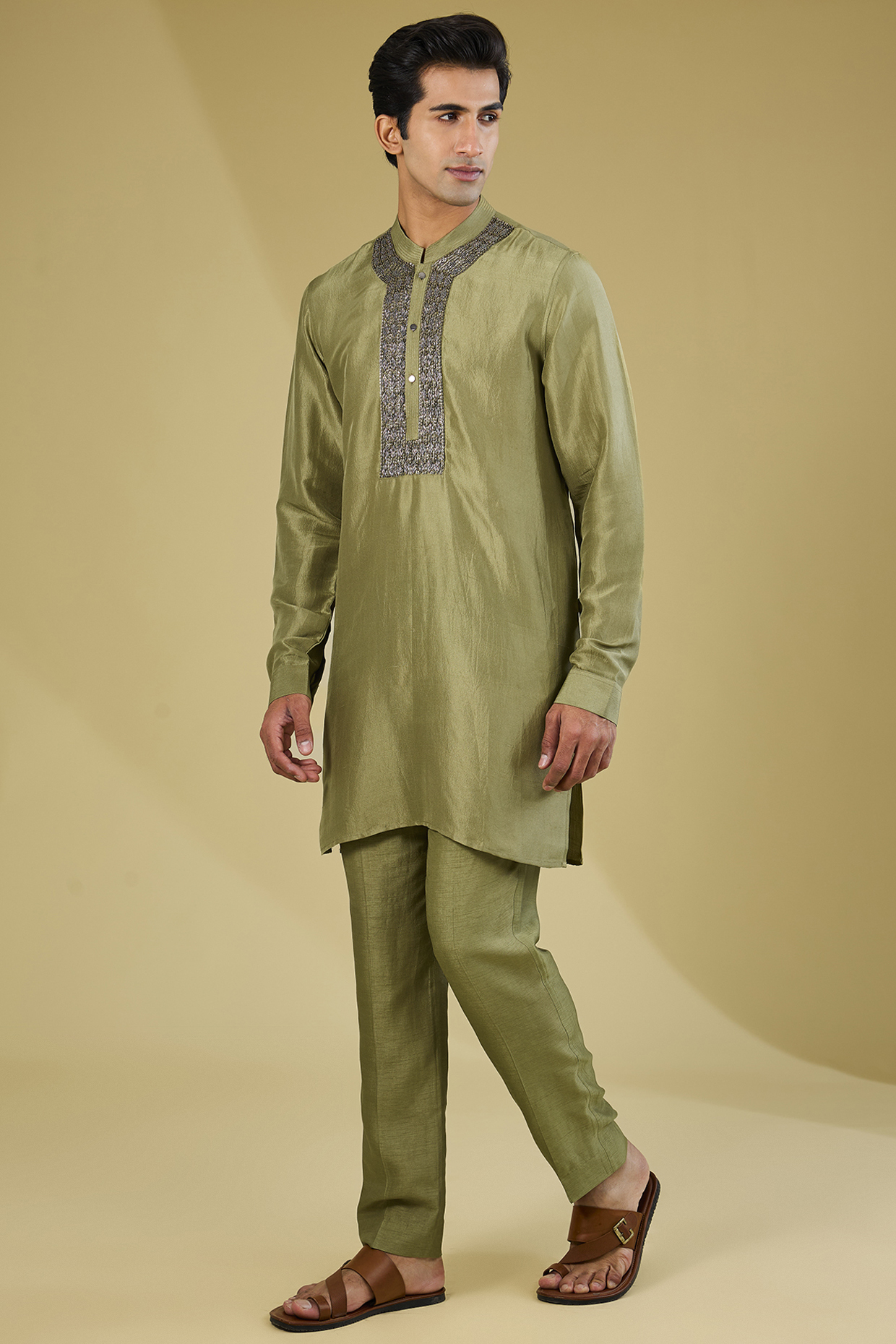 Ash Green Viscose Embroidered Kurta Set by Rohit Gandhi & Rahul Khanna Men