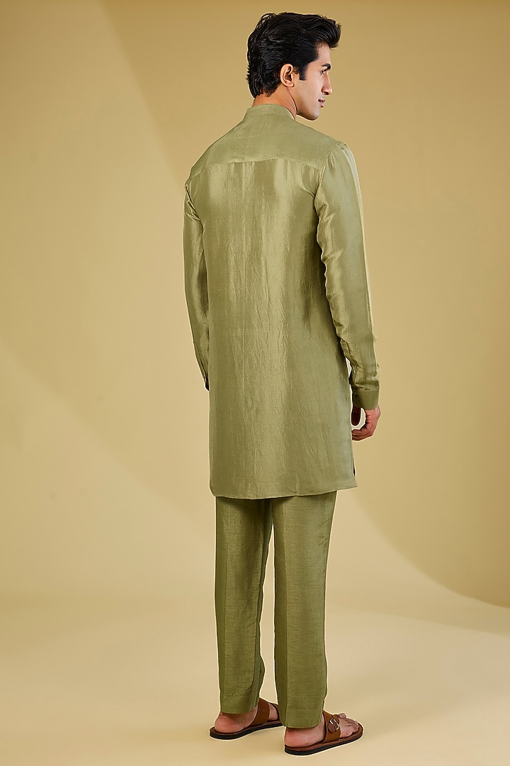 Ash Green Viscose Embroidered Kurta Set by Rohit Gandhi & Rahul Khanna Men at Pernia's Pop Up Shop
