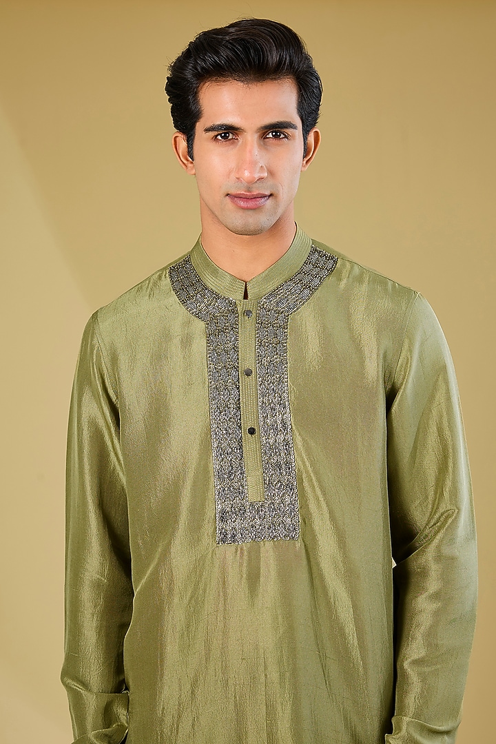 Ash Green Viscose Embroidered Kurta Set by Rohit Gandhi & Rahul Khanna Men at Pernia's Pop Up Shop