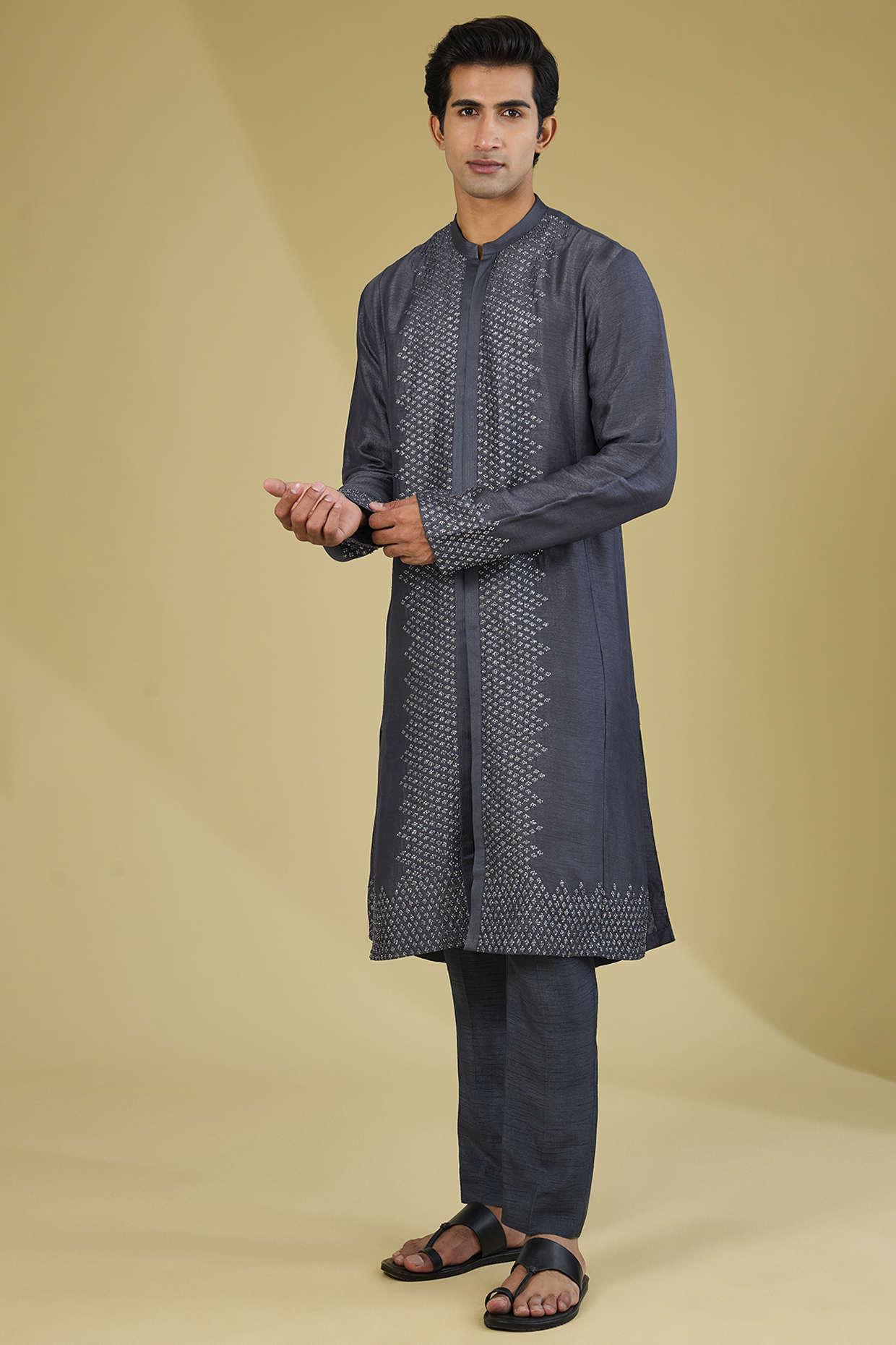 Steel Grey Silk Structured Kurta Set by Rohit Gandhi & Rahul Khanna Men