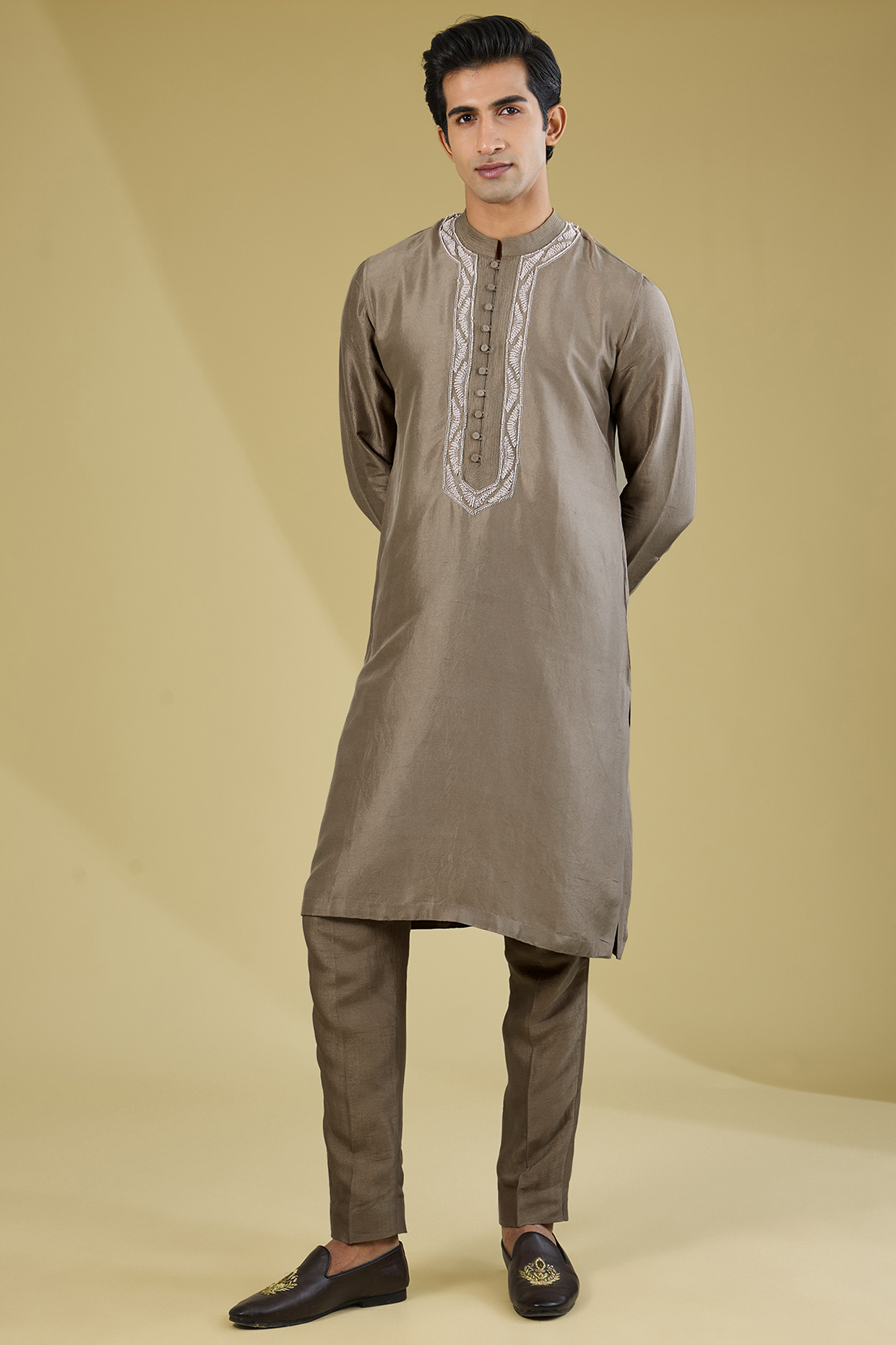 Mocha-Colored Silk Embroidered Kurta Set by Rohit Gandhi & Rahul Khanna Men