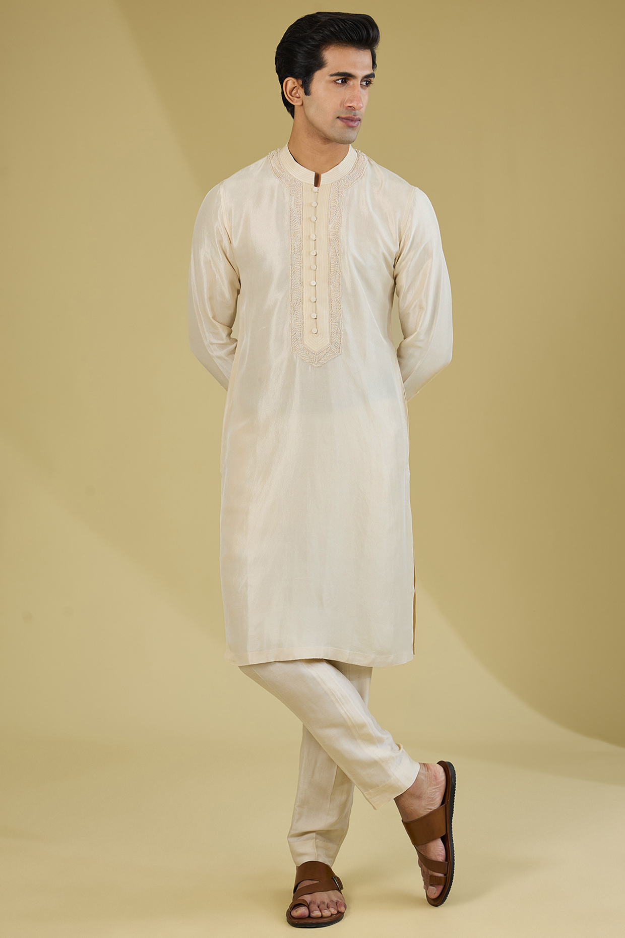 Almond Gold Dupion Silk Embroidered Kurta Set by Rohit Gandhi & Rahul Khanna Men
