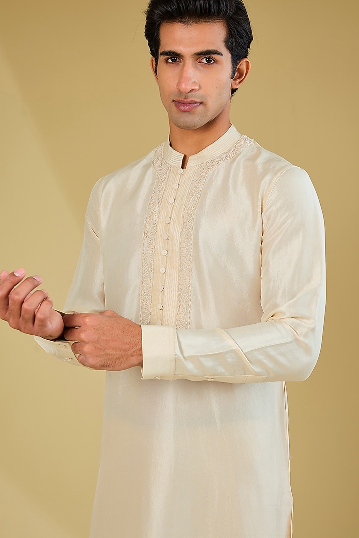 Almond Gold Dupion Silk Embroidered Kurta Set by Rohit Gandhi & Rahul Khanna Men at Pernia's Pop Up Shop