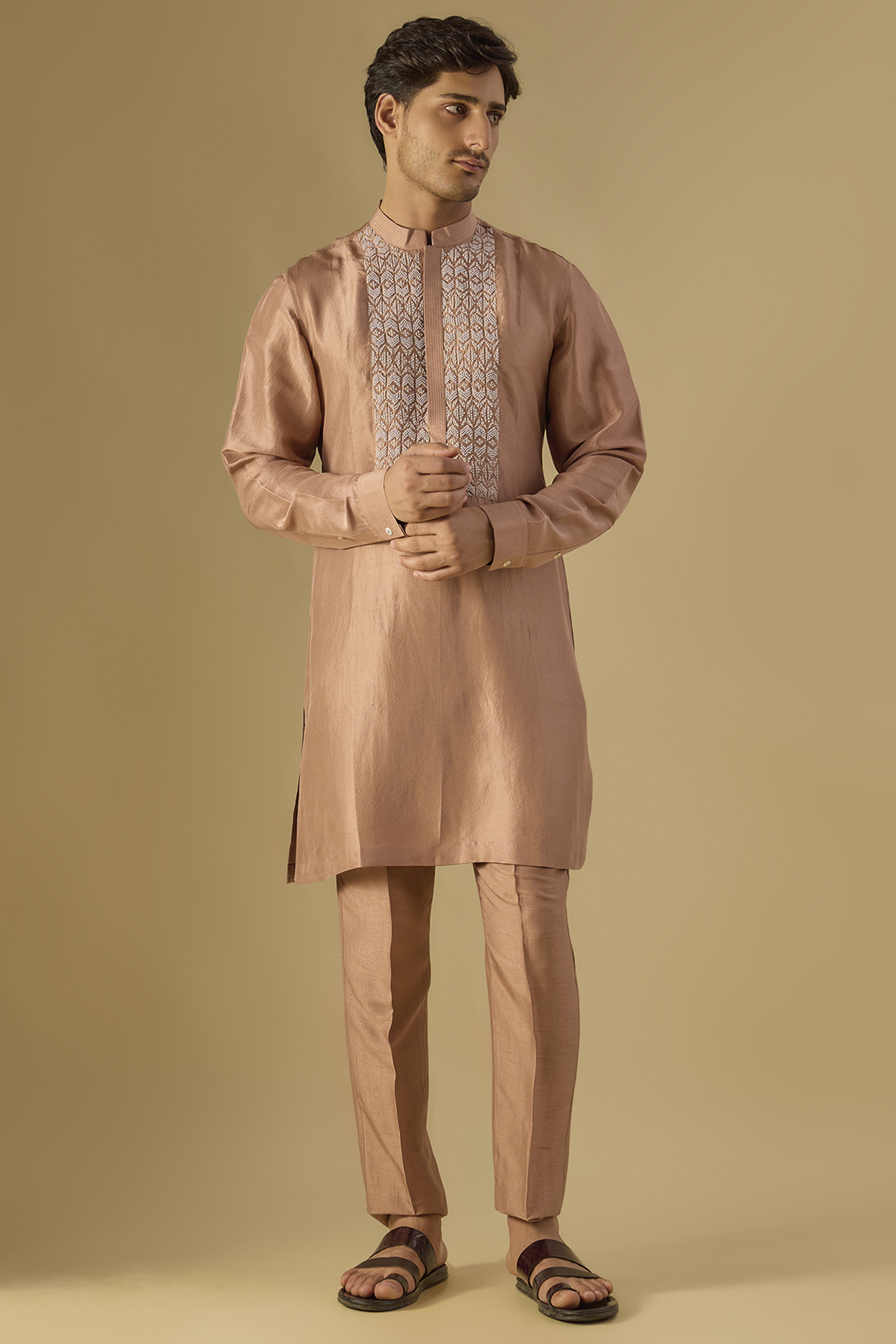 Gold Cotton Silk Thread Embroidered Kurta Set by Rohit Gandhi & Rahul Khanna Men