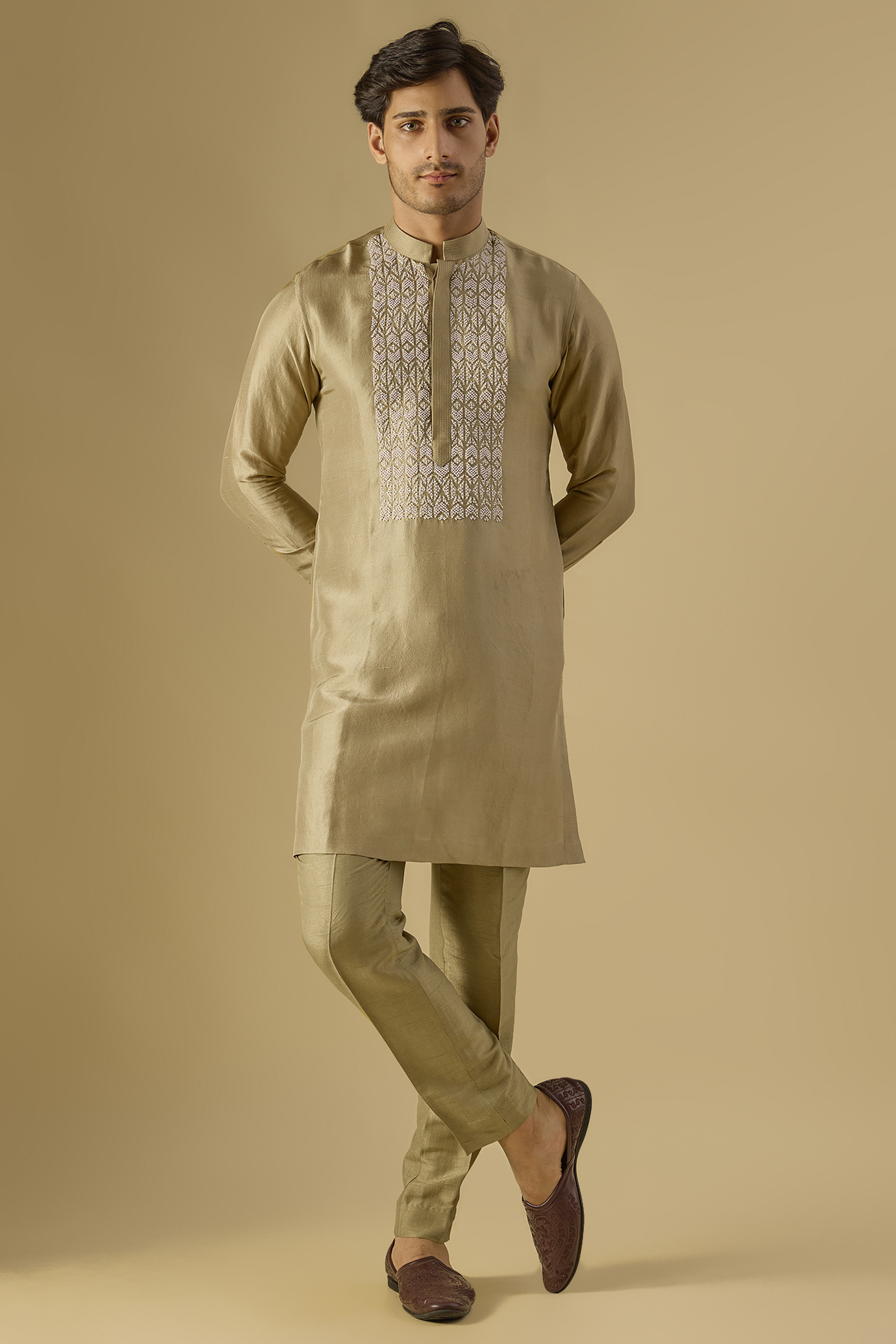 Leaf Green Cotton Silk Thread Embroidered Kurta Set by Rohit Gandhi & Rahul Khanna Men