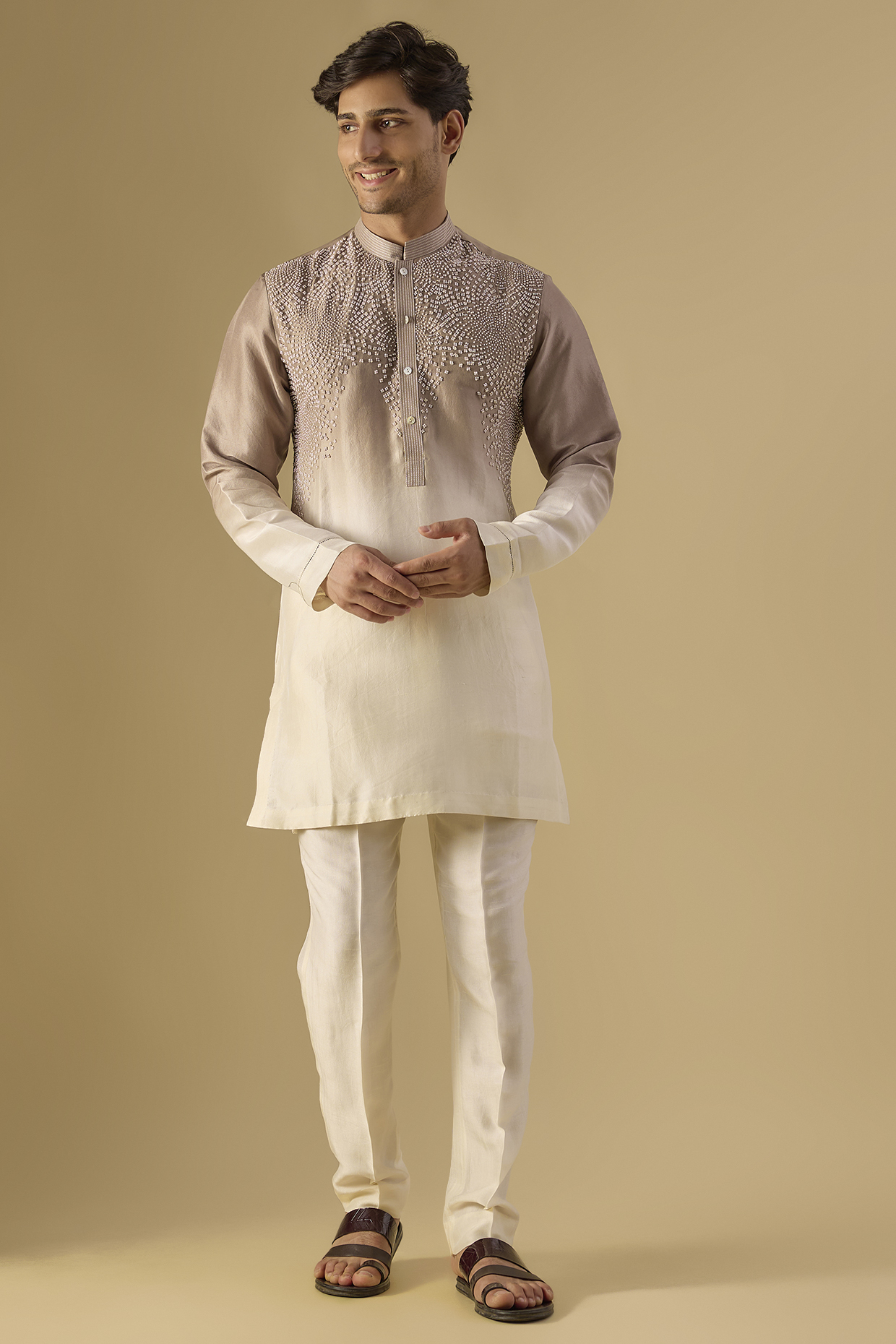 Granite Shell-White Cotton Silk Thread Embroidered Kurta Set by Rohit Gandhi & Rahul Khanna Men