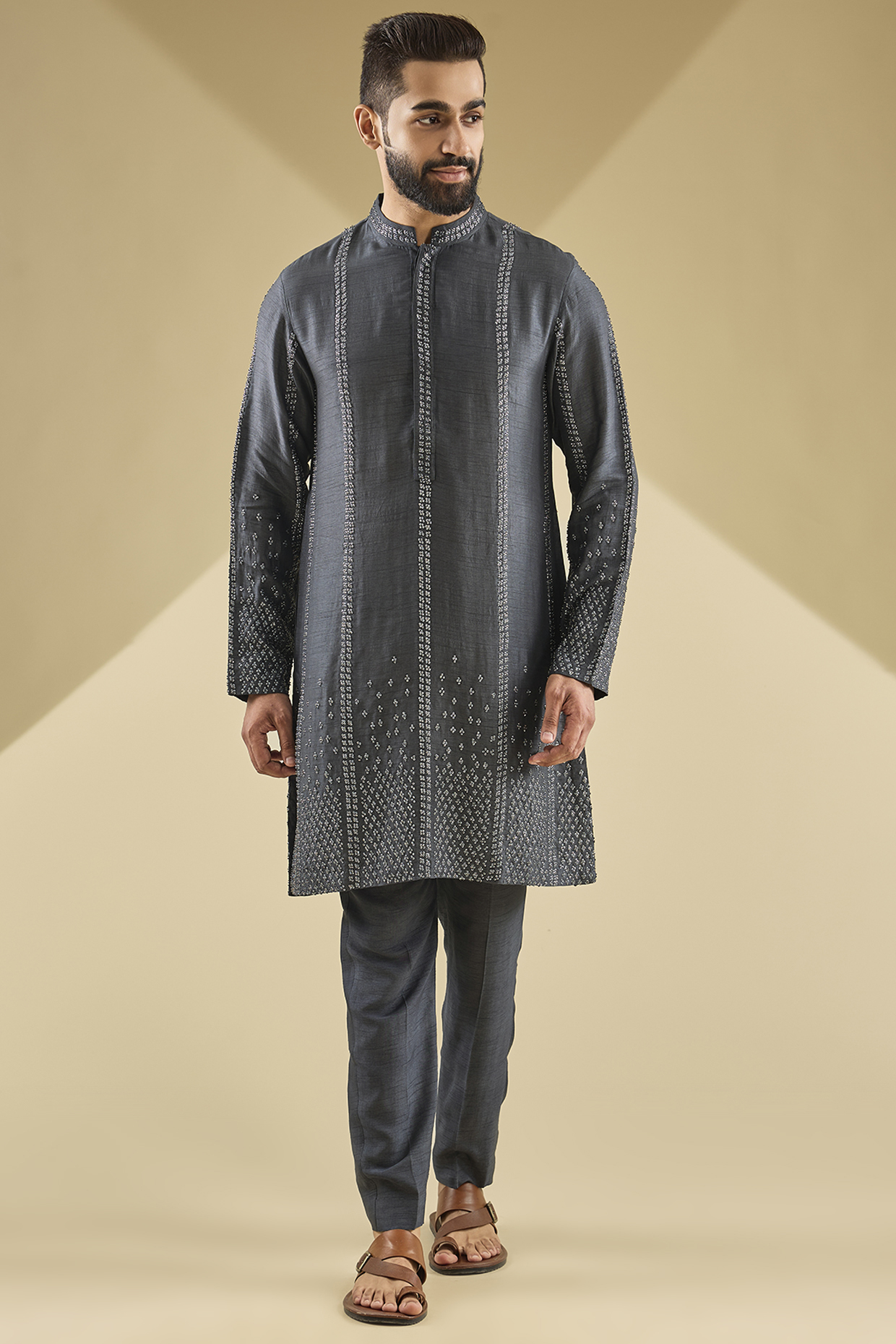 Steel Grey Silk Tonal Pattern Structured Kurta Set by Rohit Gandhi & Rahul Khanna Men at Pernia's Pop Up Shop