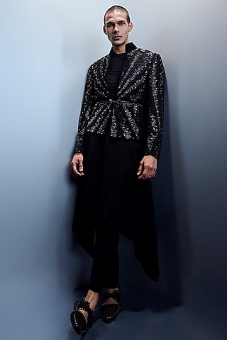 Black Matka Silk Hand-Textured Jacket Set by Rohit Gandhi & Rahul Khanna Men