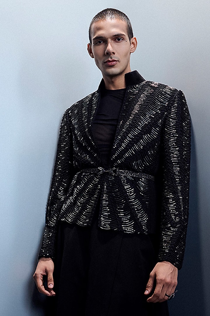 Black Matka Silk Hand-Textured Jacket Set by Rohit Gandhi & Rahul Khanna Men at Pernia's Pop Up Shop