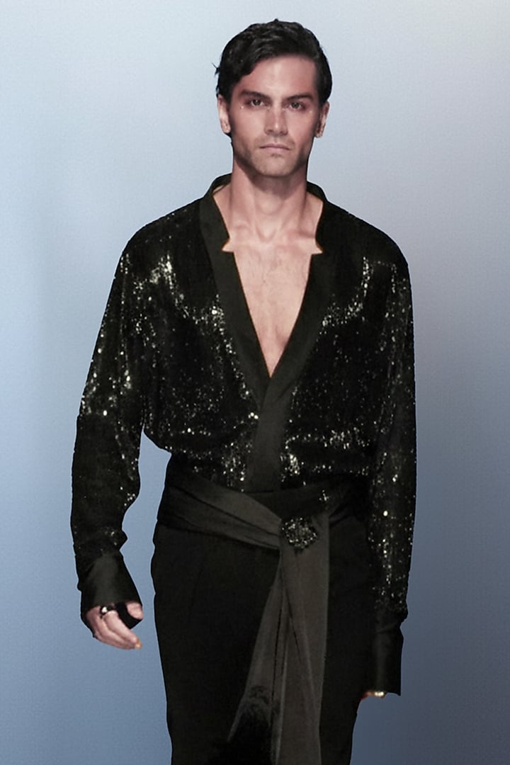 Black Georgette Sequin Embroidered Wedding Shirt by Rohit Gandhi & Rahul Khanna Men at Pernia's Pop Up Shop
