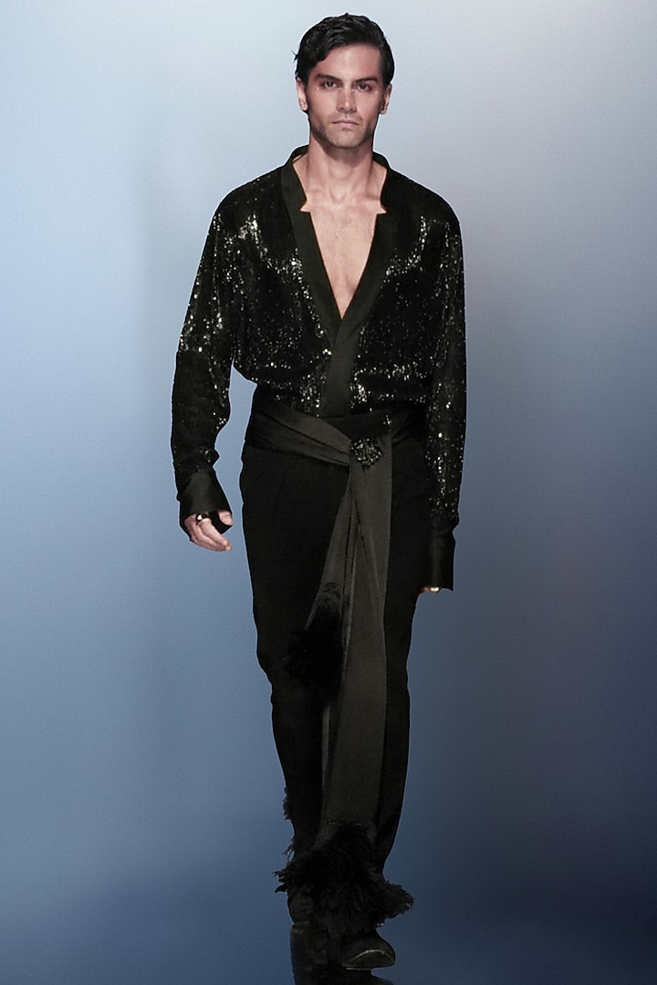 Black Georgette Sequin Embroidered Wedding Shirt by Rohit Gandhi & Rahul Khanna Men at Pernia's Pop Up Shop