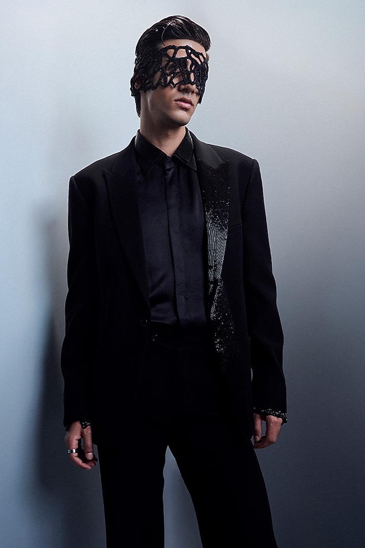 Black Crepe Sequin Embellished Tuxedo Set by Rohit Gandhi & Rahul Khanna Men at Pernia's Pop Up Shop