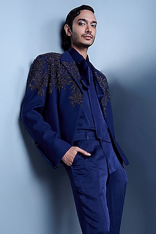Navy Crepe Crystal Embroidered Jacket by Rohit Gandhi & Rahul Khanna Men