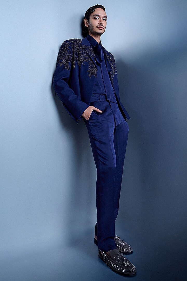 Navy Crepe Crystal Embroidered Jacket by Rohit Gandhi & Rahul Khanna Men at Pernia's Pop Up Shop