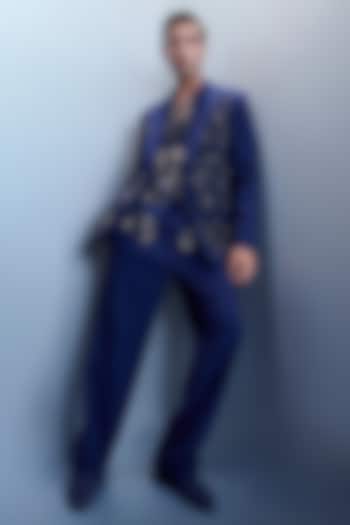Navy Felt Fabric Geometric Embroidered Structured Jacket Set by Rohit Gandhi & Rahul Khanna Men at Pernia's Pop Up Shop