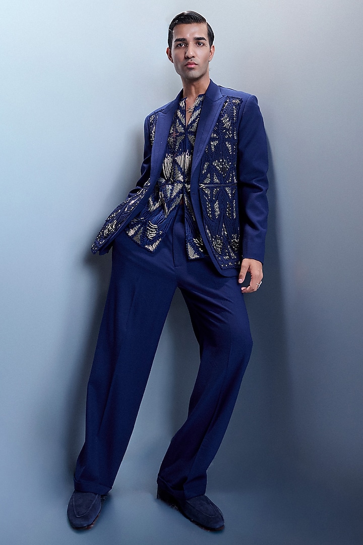 Navy Felt Fabric Geometric Embroidered Structured Jacket Set by Rohit Gandhi & Rahul Khanna Men at Pernia's Pop Up Shop