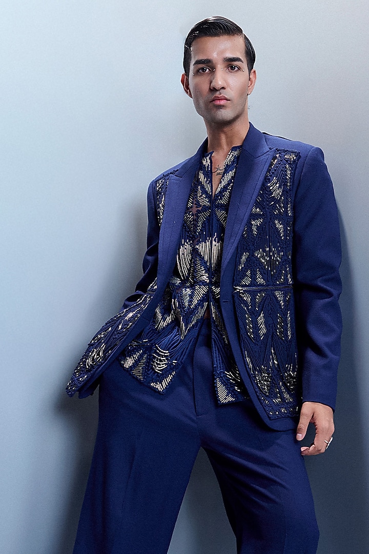Navy Felt Fabric Geometric Embroidered Structured Jacket Set by Rohit Gandhi & Rahul Khanna Men at Pernia's Pop Up Shop