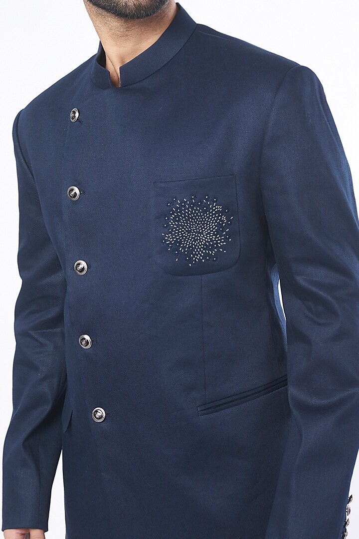 Navy Blue Wedding Bandhgala Jacket by Rohit Gandhi & Rahul Khanna Men at Pernia's Pop Up Shop