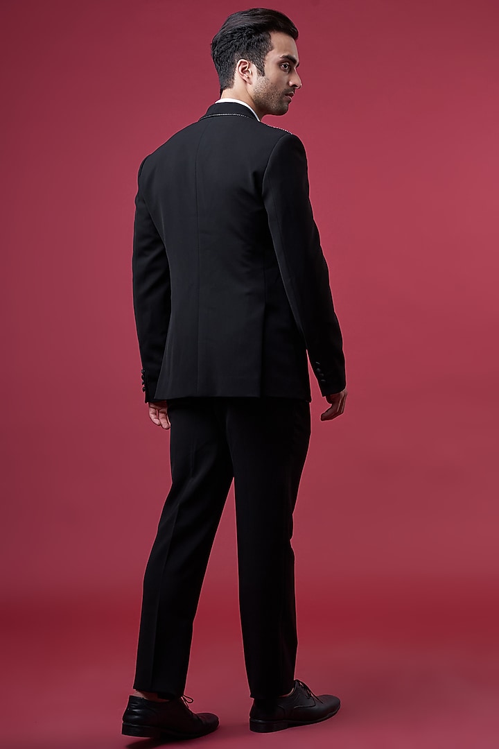 Black Crepe Embroidered Tuxedo Set by Rohit Gandhi & Rahul Khanna Men at Pernia's Pop Up Shop