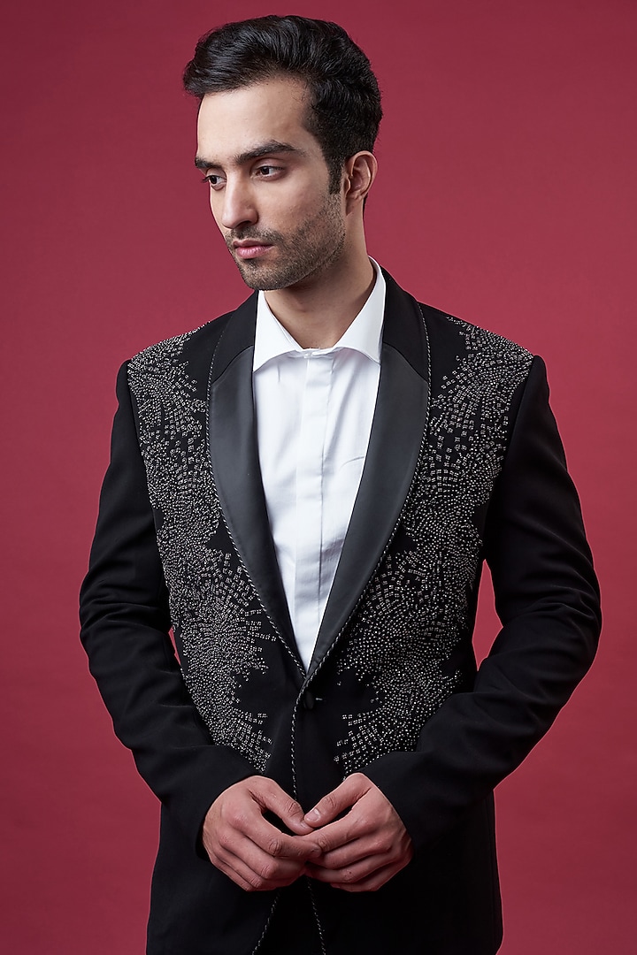 Black Crepe Embroidered Tuxedo Set by Rohit Gandhi & Rahul Khanna Men at Pernia's Pop Up Shop