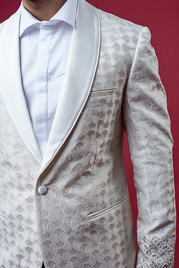 White Crepe Embroidered Tuxedo Set by Rohit Gandhi & Rahul Khanna Men at Pernia's Pop Up Shop