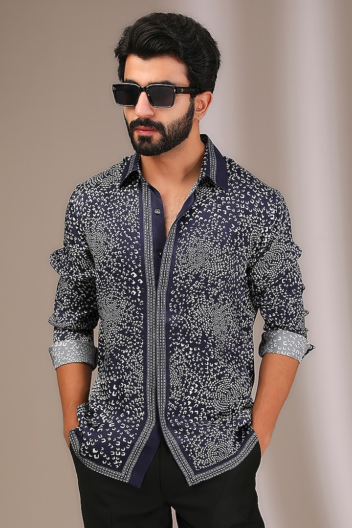 Blue Viscose Supernova Wedding Shirt by Rohit Gandhi & Rahul Khanna Men at Pernia's Pop Up Shop