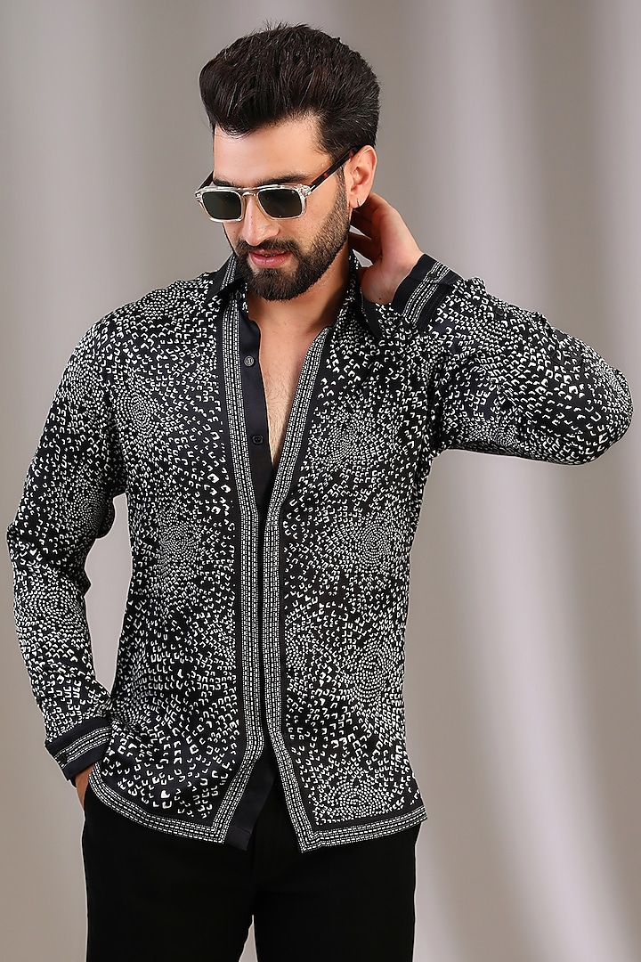 Black Viscose Digital Printed Wedding Shirt by Rohit Gandhi & Rahul Khanna Men at Pernia's Pop Up Shop