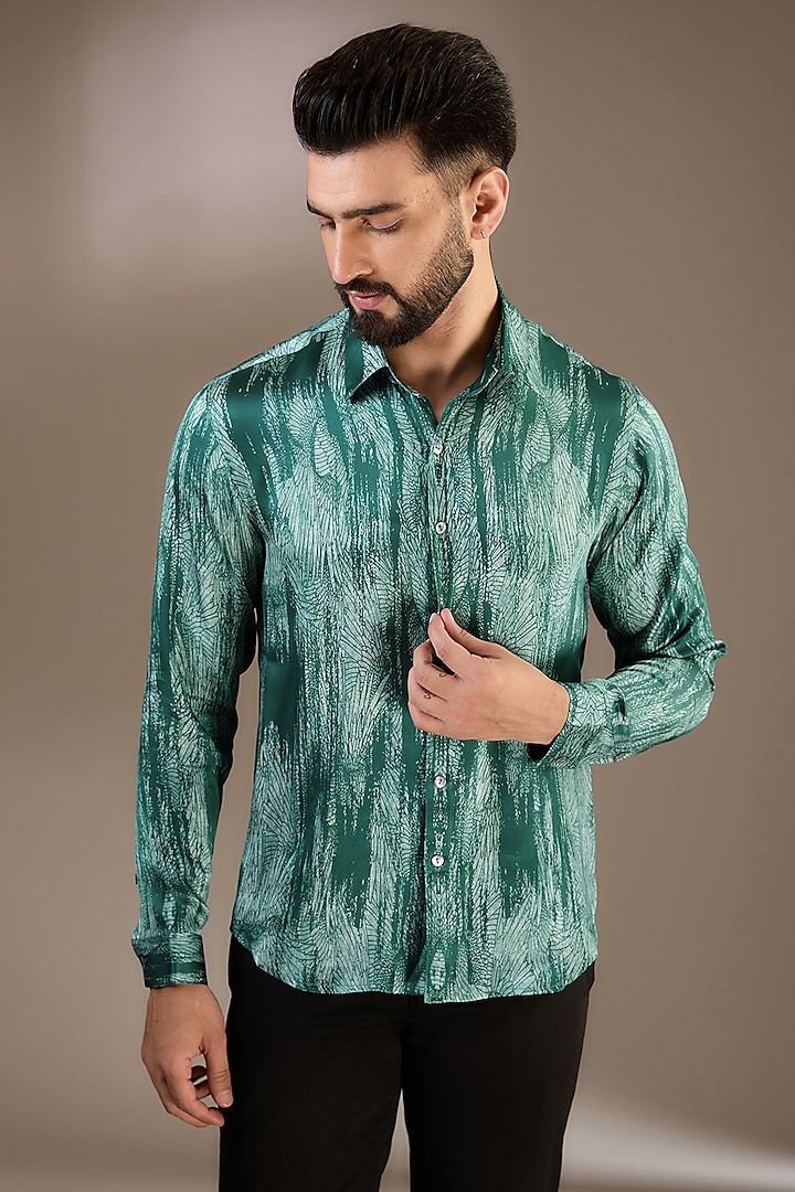 Green Silk Printed Shirt by Rohit Gandhi & Rahul Khanna Men