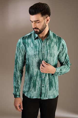 Green Silk Printed Shirt by Rohit Gandhi & Rahul Khanna Men