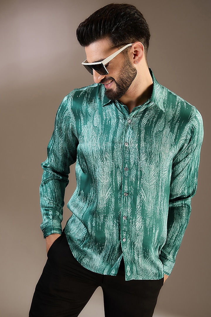 Green Silk Printed Wedding Shirt by Rohit Gandhi & Rahul Khanna Men at Pernia's Pop Up Shop