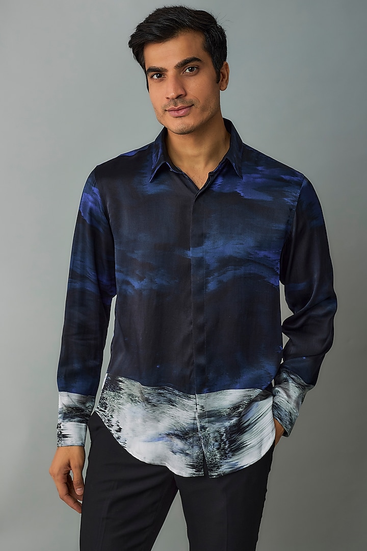 Navy Silk Printed Shirt by Rohit Gandhi & Rahul Khanna Men