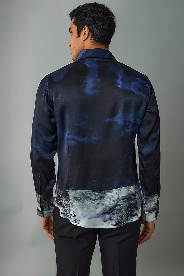 Navy Silk Printed Wedding Shirt by Rohit Gandhi & Rahul Khanna Men at Pernia's Pop Up Shop