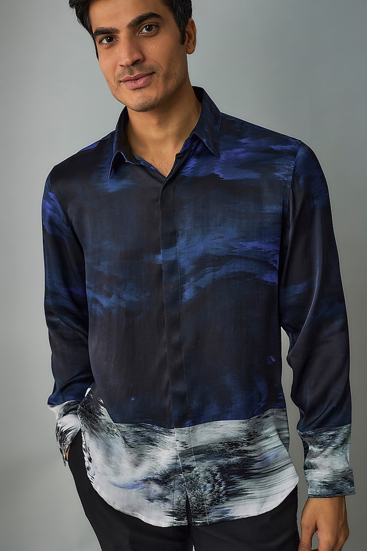 Navy Silk Printed Wedding Shirt by Rohit Gandhi & Rahul Khanna Men at Pernia's Pop Up Shop