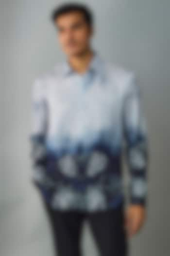 Arctic Blue Silk Crepe Printed Shirt by Rohit Gandhi & Rahul Khanna Men