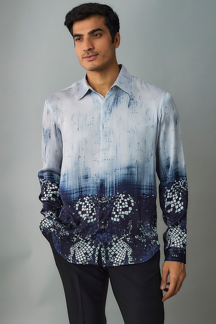 Arctic Blue Silk Crepe Printed Shirt by Rohit Gandhi & Rahul Khanna Men